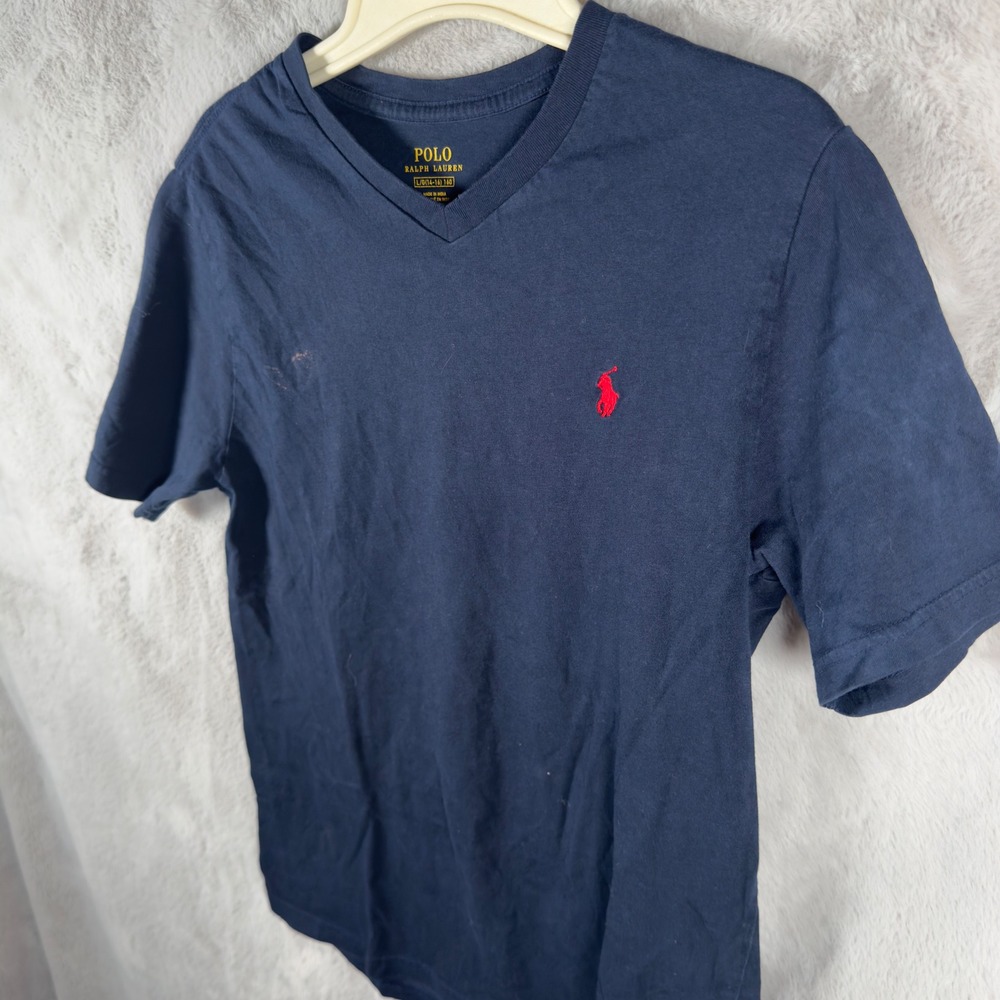 Polo Ralph Lauren Boys Navy Blue V-Neck‎ T-Shirt Size L 14-16 Red Pony Logo